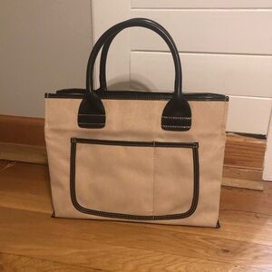 Saks Fifth Avenue beige, suede/ black leather trim.